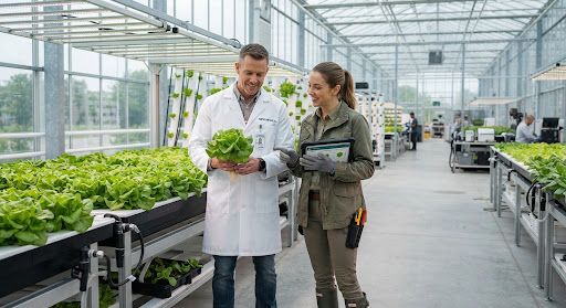 Field researcher inspecting crops